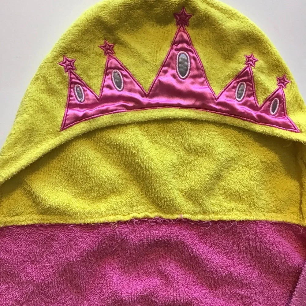 Pink Princess Hooded Bath Towel Toddler Girl Yellow Mittens Appliqué Crown